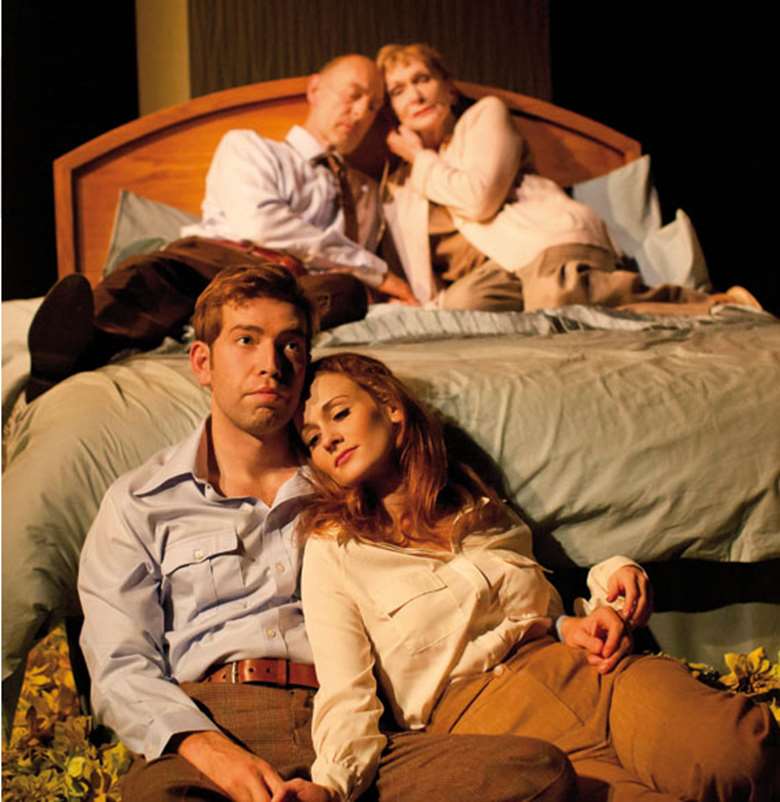  Edward Bennett (William) and Leanne Rowe (Margaret) (foreground) and Sam Cox (Billy) and Sian Phillips (Maggie) in Frantic Assembly's Lovesong